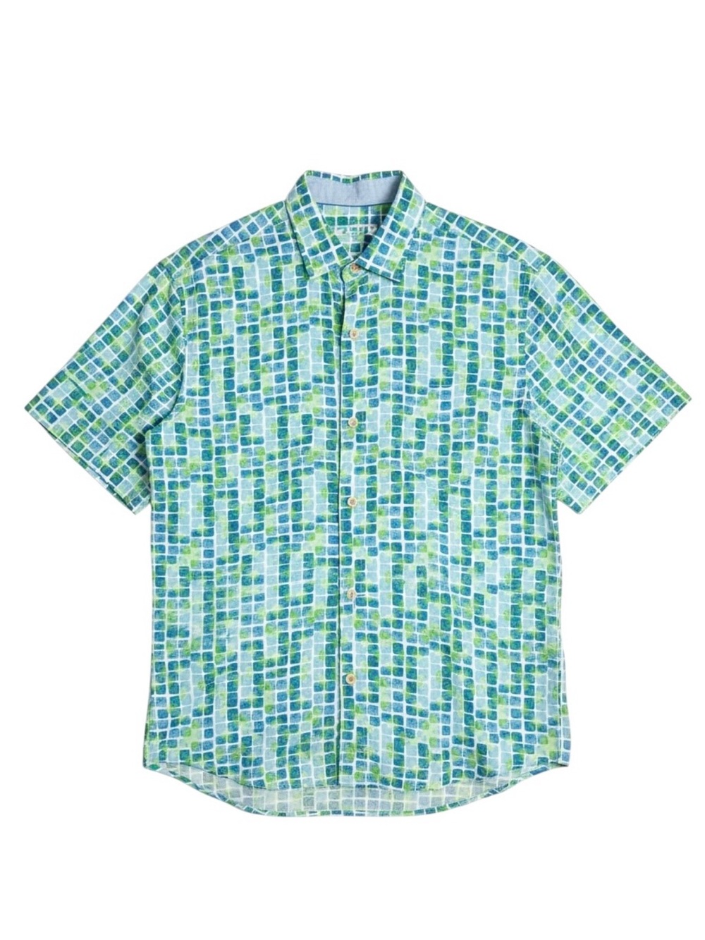 Tommy Bahama IslandZone Geometric Mosaic Silk‎ Blend Shirt Mens Large Blue Green